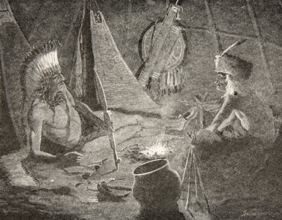 Uit zijn buidel haalde hij zijn vredespijp,... gaf het aan zijn gast, de vreemdeling, uit The Song of Hiawatha door Henry Wadsworth Longfellow (1807-82), pub. door George G. Harrap und Company Ltd., 1911 door Frederic Remington